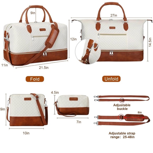 NWOT Weekender Bag Women Travel Duffel Bag Carry On 3 piece set Beige & Brown - Picture 3 of 11